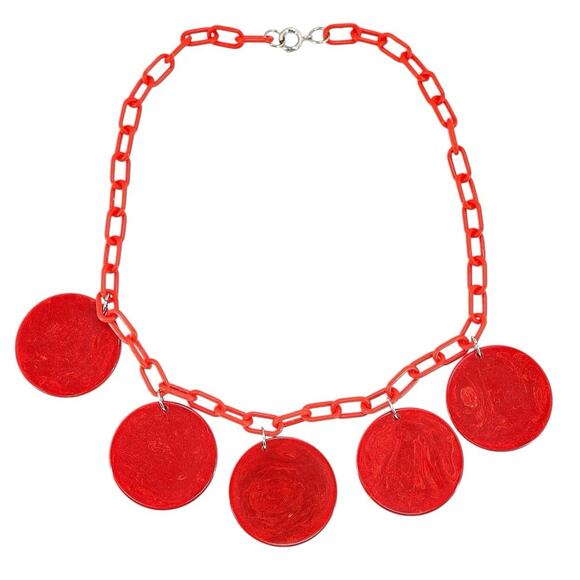 Bold Vintage Large Marbled Red Disk Bakelite Necklace Plastic Chain Geo Mod Read - Picture 2 of 13